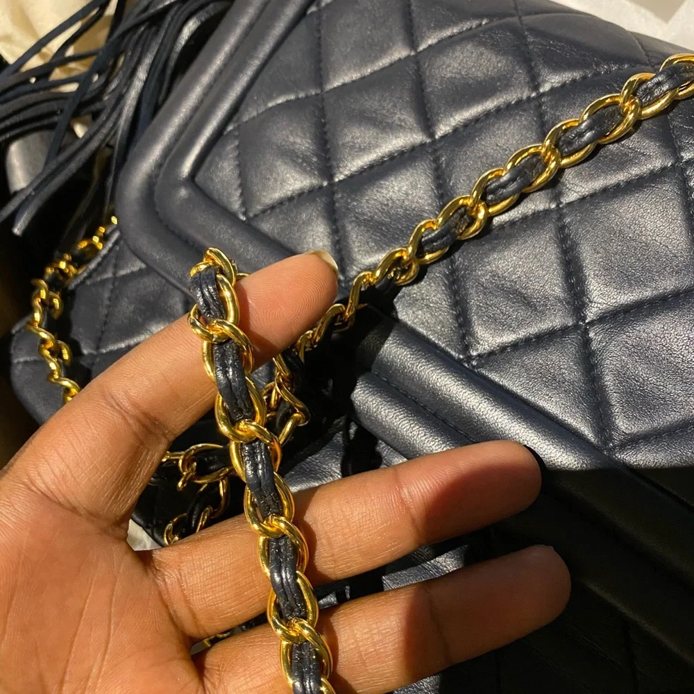 Authentic CHANEL Vintage Navy Lambskin Leather Matelassé Fringe Handbag - AS IS - Picture 11 of 11